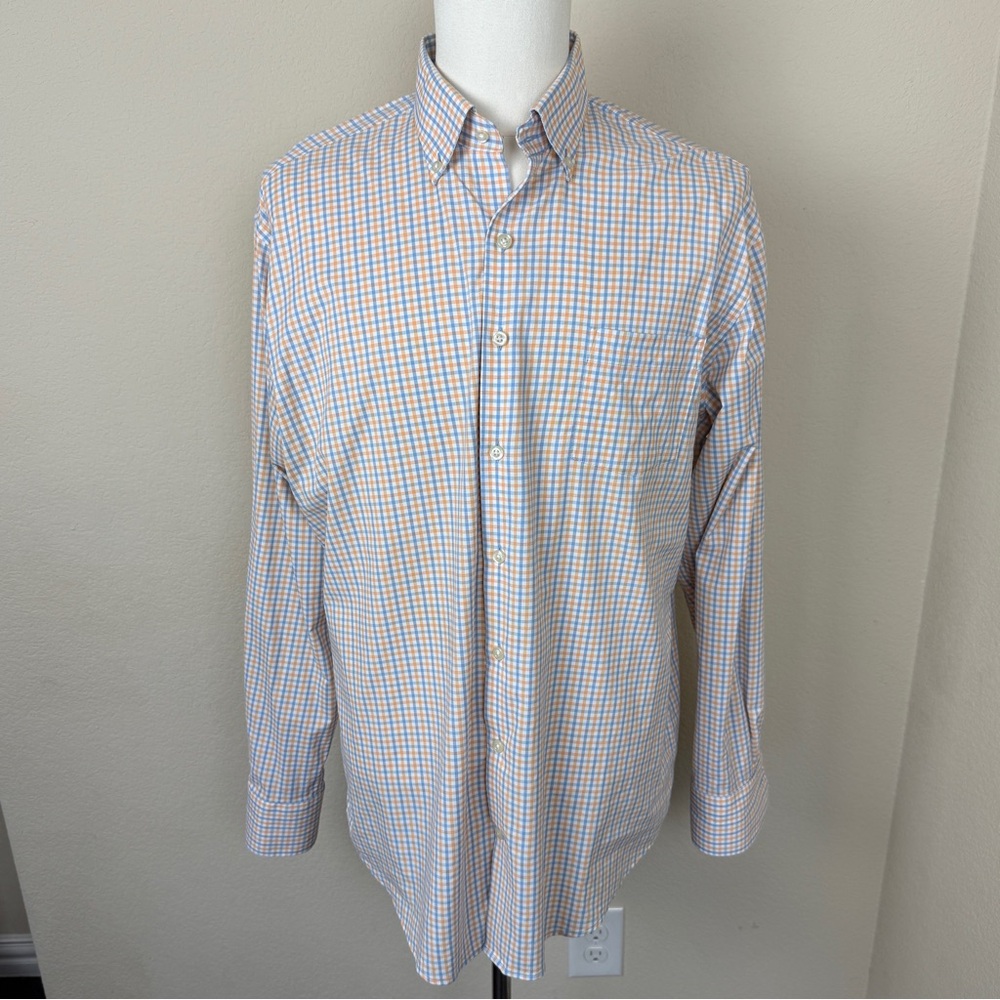 Peter Millar Summer Comfort Mens Long Sleeve Orange, White Plaid Check Shirt L